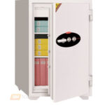 Ivory Diplomat 100 safe shown open with a combination dial, shelves and document folders inside.
