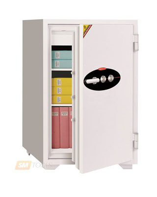 Ivory Diplomat 100 safe shown open with a combination dial, shelves and document folders inside.