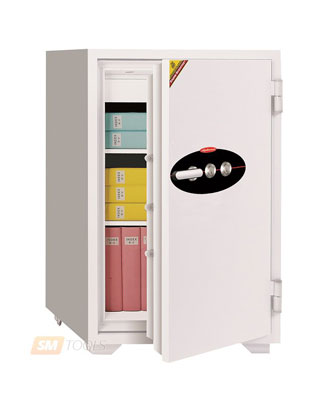 Ivory Diplomat 100 safe shown open with a combination dial, shelves and document folders inside.