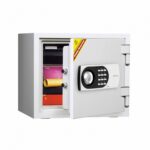 Ivory Diplomat 119 safe shown open with a combination dial, key lock and interior storage compartments.