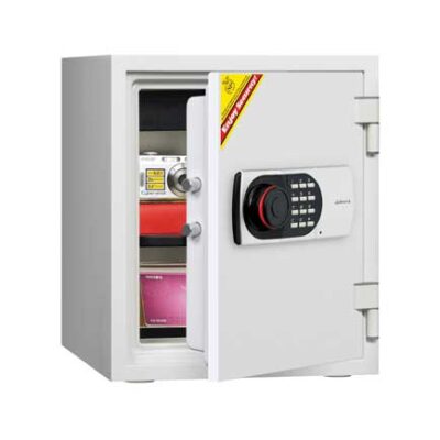 Ivory Diplomat 125 safe shown open with a combination dial, key lock and items arranged inside.