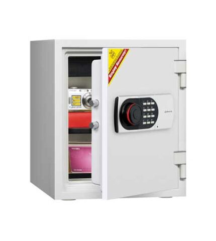 Ivory Diplomat 125 safe shown open with a combination dial, key lock and items arranged inside.