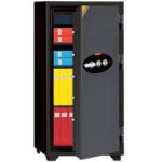 Ivory Diplomat 130 tall safe shown open with a combination dial, shelves and document folders inside.