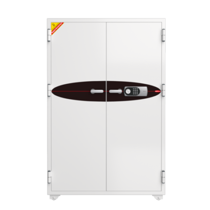Diplomat L300 ivory double-door safe shown open with shelves and document folders inside.