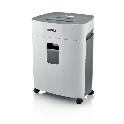 DAHLE PaperSAFE 380 light grey paper shredder with top feed slots, a front pull-out waste bin and black caster wheels.