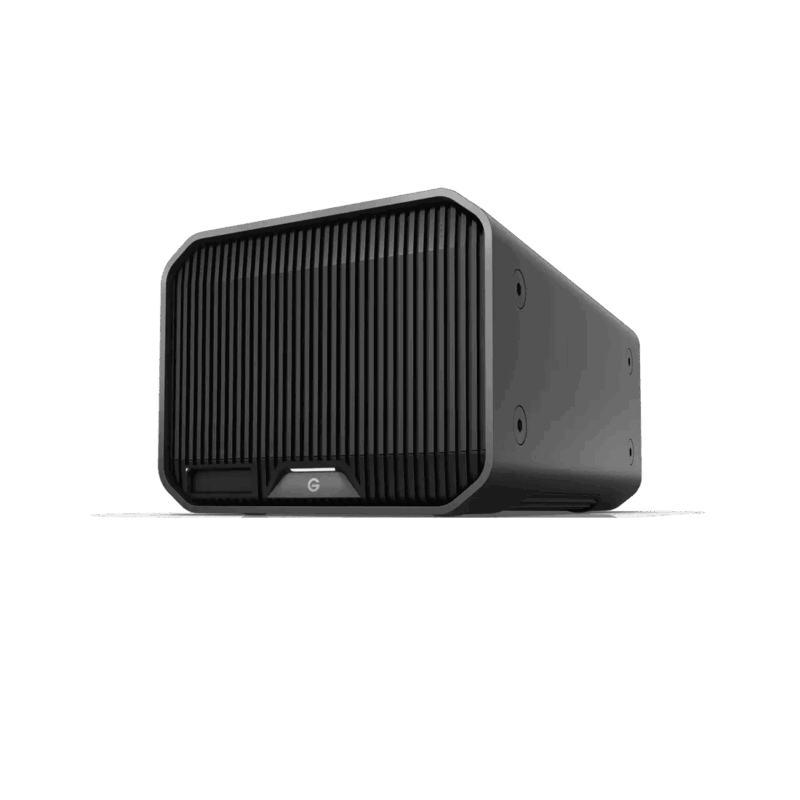 SanDisk Professional G-RAID PROJECT 2 16TB desktop drive in space grey, shown at an angle with a black front grille.